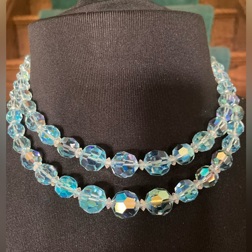 Vintage BLUE AB Crystal 2 strand Necklace 16” or less GORGEOUS or Upcycle beads